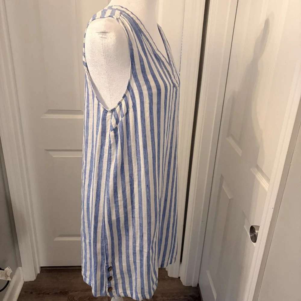 Nicole Miller 100% Linen V-Neck Dress Blue White Striped Popover Nautical Resort - Picture 5 of 10